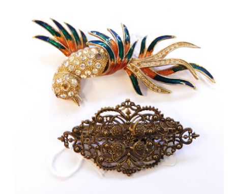 Decorative gilt metal, enamel and paste large bird brooch and gilt metal filigree buckle (2) 
