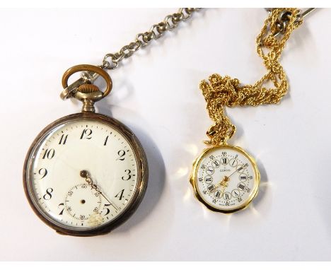 Continental silver open-faced pocket watch in 800 mark case and gilt metal and enamel pendant fob watch, rose decorated (2) 