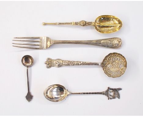 Silver gilt anointing spoon, Victorian Golden Jubilee silver sifter spoon, napkin ring, figure finial coffee spoon, Victorian