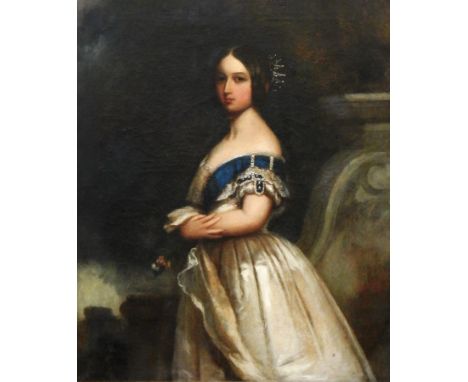 Unattributed 
After Franz Xavier Winterhalter
Oil on board
"The Young Queen Victoria", three-quarter length portrait of young