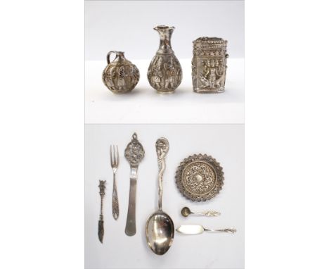 Indian silver vesta case, small circular dish, Chinese spoon, miniature vase and pot, two small butter knives, fork, salt spo