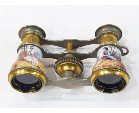 Pair gilt metal and enamel opera glasses decorated in enamels with pair 18th century figures in lakeside landscape, 9cm wide 