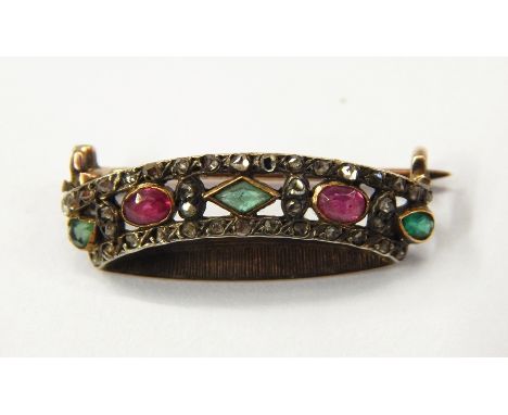 Gold-coloured metal, ruby, emerald and diamond coronet brooch set with two rubies, three emeralds and old cut diamonds 