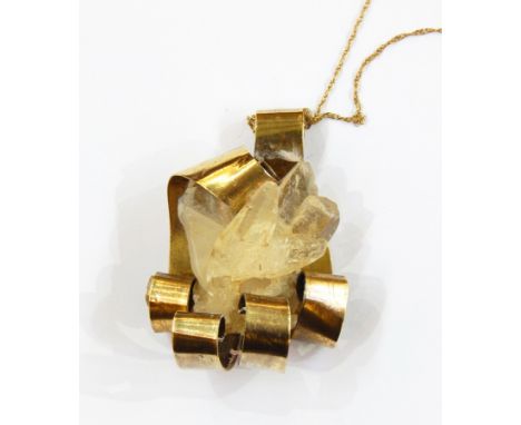 Silver-coloured metal, gilt and Swiss crystal 1960's designer pendant made by Maughan Harvey (silversmith and goldsmith who s