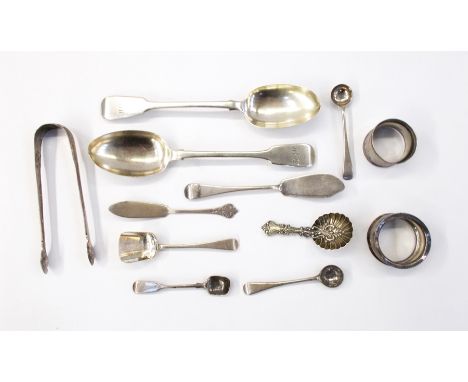Pair of William IV silver 'fiddle' pattern tablespoons, two silver butter knives, pair of sugar nips, three mustard spoons, t