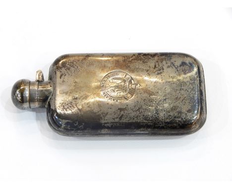 Spirit flask, rectangular, plain and engraved with crest and motto "Jamais Arriere", marked indistinctly, 13cm long, 3oz appr