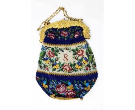 Victorian beaded purse, floral decorated and initial "S", having floral embossed gilt metal mounts and chain link handle 