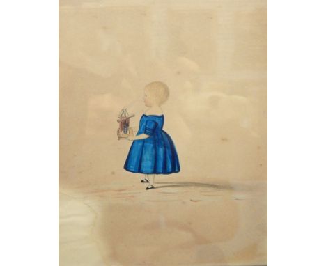 Early 19th century school 
Watercolour drawing 
Full-length profile portrait of child in blue dress holding a toy windmill, r
