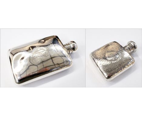 Victorian silver hip flask of plain form with engraved monogram, London 1890, 5oz approx., height 15cm together with another,