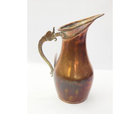 Old copper ewer with pointed spout, flattened dolphin handle, 32cm high, leather swagger stick, two carved wood photograph fr