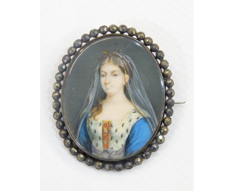 19th century enamel portrait miniature, oval, head and shoulders portrait of a young woman in veil and with ermine bodice, cu
