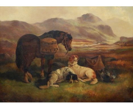 Robert Cleminson (1865-1868) 
Oil on canvas
Highland scene with horse, hunting dogs and game, signed, 52cm x 69cm 