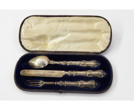 Victorian silver three-piece christening set comprising knife, fork and spoon, with silver foliate handles, in a fitted case,