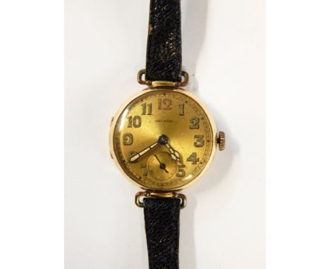 Lady's 1920's/30's Arcadia gold wristwatch with circular dial, Arabic numerals, luminous hands, subsidiary seconds dial, butt