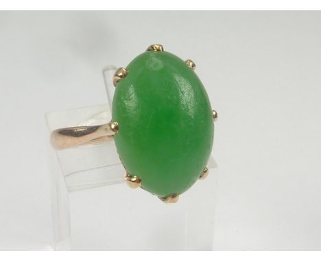 Chinese chrystophase ring with oval cabochon in gold. Size 'J'.Condition report:Scratches on stone. 15mm x 11mm x 5mm approx.