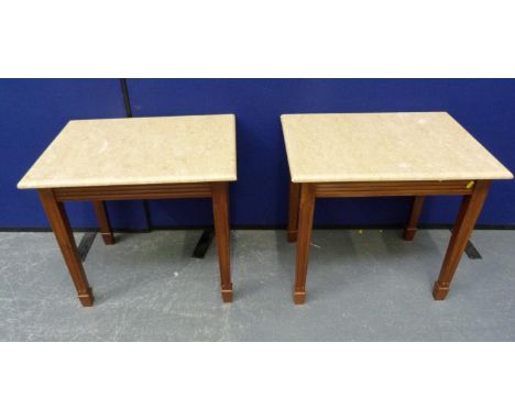 Pair of marble topped lamp tables on fluted supports and spade feet. 