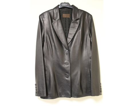 Loewe lady's black leather jacket with three button fastening and four buttons to cuffs. 