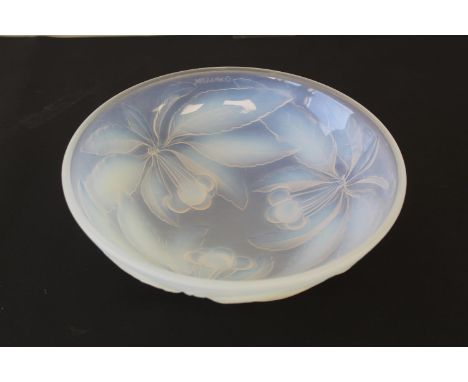 French opalescent art glass shallow circular bowl moulded with cherries by G. Vallon, moulded marks, 24cm diam. 