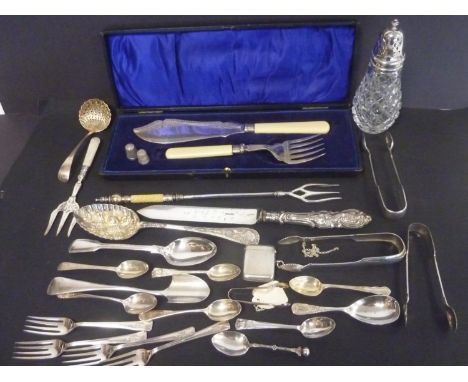 Silver sugar tongs with scallop grips Edinburgh 1821, a vesta case, various spoons, a caster with silver mount and various it