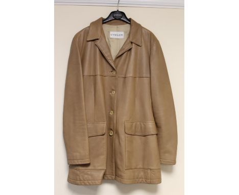 Jaeger lady's caramel leather jacket with four button fastening and square pockets with flaps. Size UK 10. 