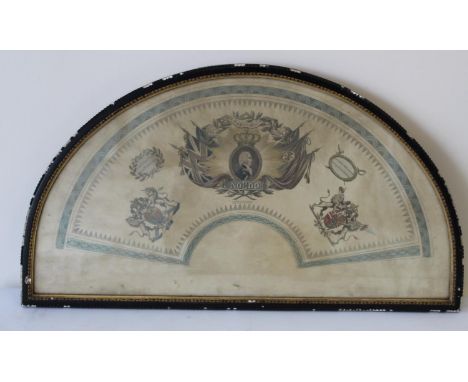 Hand coloured engraved paper fan leaf commemorating the Peninsula War (1808-14) with portrait medallion of Ferdinand VII of S