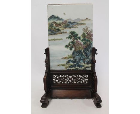 Late 19th/early 20th century finely painted Chinese porcelain plaque of rectangular form depicting a mountainous riverscape w