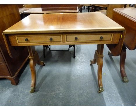 Sheraton style mahogany sofa table with satinwood crossbanding &amp; drawer fronts &amp; ebonised stringing, the rectangular 