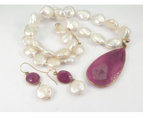 Ruby and baroque pearl necklace with large faceted drop with earrings, 18ct gold mounts. 