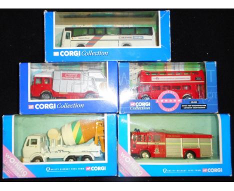Corgi. (2) 58502 cement mixer. 65901 Fire engine. Corgi Collection. (3) 32403 bus. 32602 coach. 58601 refuse truck. All boxed