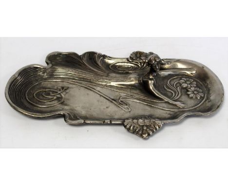 Art Nouveau cast metal tray with swimming maiden moulded in relief, surrounded by scrolling flowers, unmarked, 36cm long. 