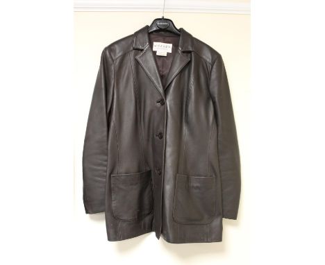 Jaeger lady's dark brown leather jacket with three button fastening and square pockets.. Size 10. 