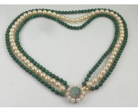 Necklace with malachite and cultured pearls on similar oval 9ct gold snap. 