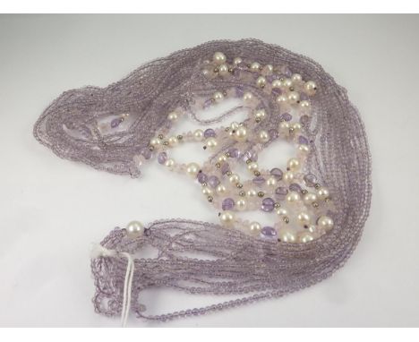 Amethyst and pearl bead necklace of five fine strands. 