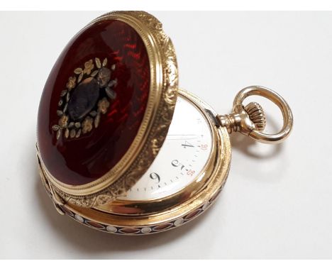 Tiffany, gold and enamel level watch, nickelled movement jewelled to the centre, with wolf's tooth winding wheels, Tiffany & 