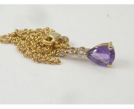 Amethyst and diamond cluster pendant on necklace, '375'. 
