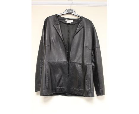 Jaeger lady's black leather collarless jacket with lapels and single invisible button fastening. Size 12. 