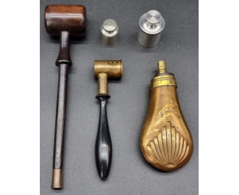 A turned wood loading hammer, 19.5cm long; together with a brass powder flask, 11.5cm; a powder measure, with ebonised turned