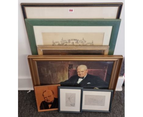A mixed group of pictures and prints, to include 'Nelson's First Farewell'; and a marquetry panel of Winston Churchill, 24.5 