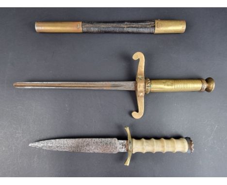A hand forged dagger, with 15.5cm twin edged blade stamped 'XHX', with bone handle, overall length 15.5cm; together with anot
