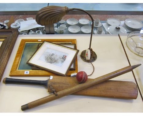  A coloured print 'Officers of the British Army no.50',   two hunting prints, a desk lamp, a cricket bat with ball, two frame