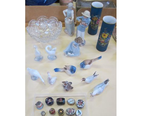  A quantity of Lladro, Nao and Royal Copenhagen figurines and models  , various cloissonie and other trinket boxes, a glass b