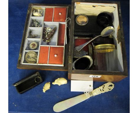  A collection of objects in a parquetry box,   including: a silver salt cellar, Birmingham 1901, an Austrian silver spoon, a 