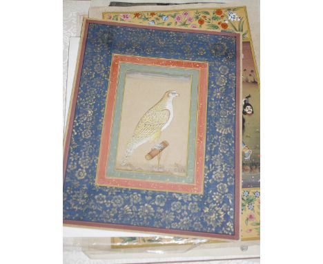  A quantity of Asian unframed prints and pictures   to include a Japanese wood block print, floral paintings and three Indian