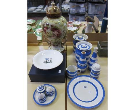  A quantity of Cornish kitchenware   to include sugar sifter, vinegar bottles, milk jug etc, a decorative vase and a Royal Wo