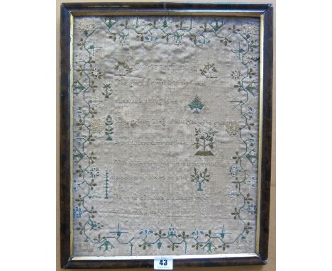  A needlework sampler,   by Ester Wilks, 1823, 'Contentment', Faded, 40cm x 32cm 