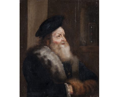  Follower of Jan Lievens (1607-1674) Portrait of a bearded old man, bust-length, wearing a beret with hands in a muff, sand t