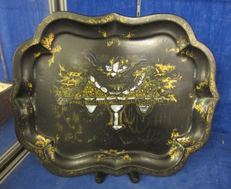  A Victorian papier mache and mother-of-pearl inlaid tray  , 43.5cm wide 