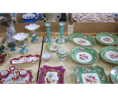  A quantity of 19th Century porcelain including  : a pair of green and floral patterned candlesticks, a Continental model of 