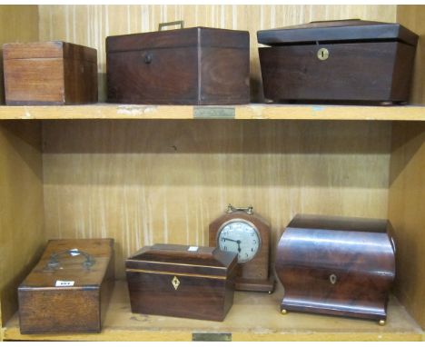  A rosewood tea caddy,   sarcophagus shaped, another sarcophagus shaped tea caddy, other tea caddies, an oak box  and a 20th 