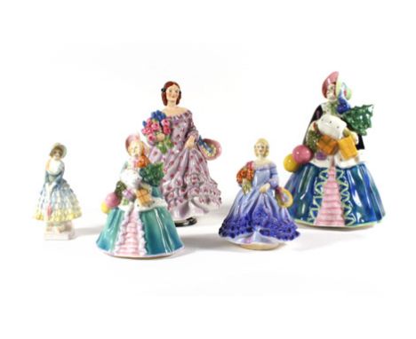 Five Royal Worcester figures consisting two 'Noel', two 'June and 'Priscilla', max h. 18 cm Chip to bonnet of smaller 'Noel',